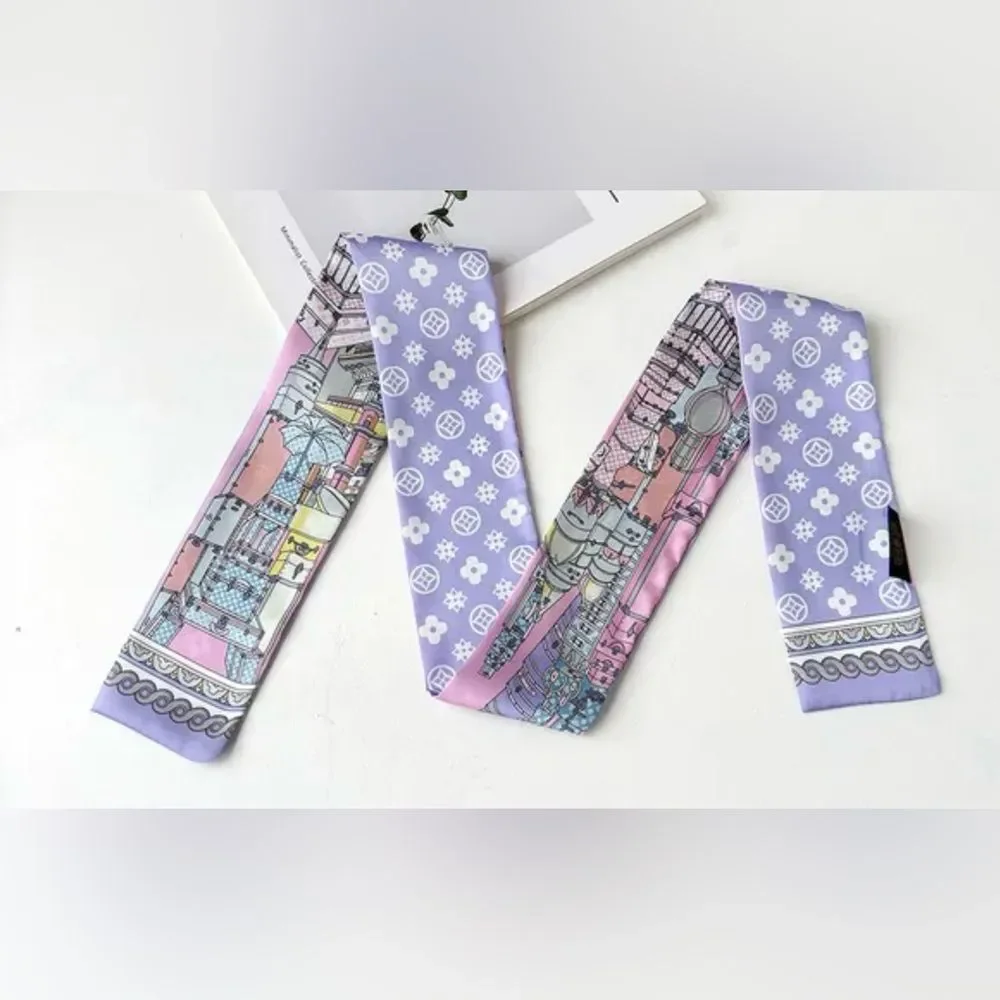 Designer-Style French-Girl Purple & Pink City-Scape Blossom Print Twilly Scarf